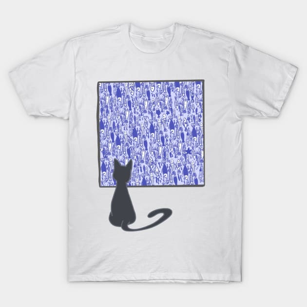 Mr.Black Cat and the school of blue fish T-Shirt by Ashitaa